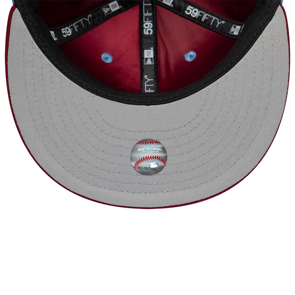Pictured is this MLB Multi Logo Philadelphia Phillies 59FIFTY Fitted cap in pastel blue. 8