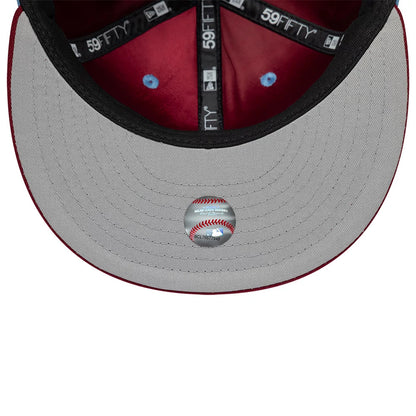 Pictured is this MLB Multi Logo Philadelphia Phillies 59FIFTY Fitted cap in pastel blue. 8
