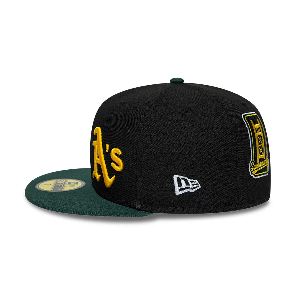 Pictured is this MLB Multi Logo Athletics 59FIFTY Fitted cap in black. 6