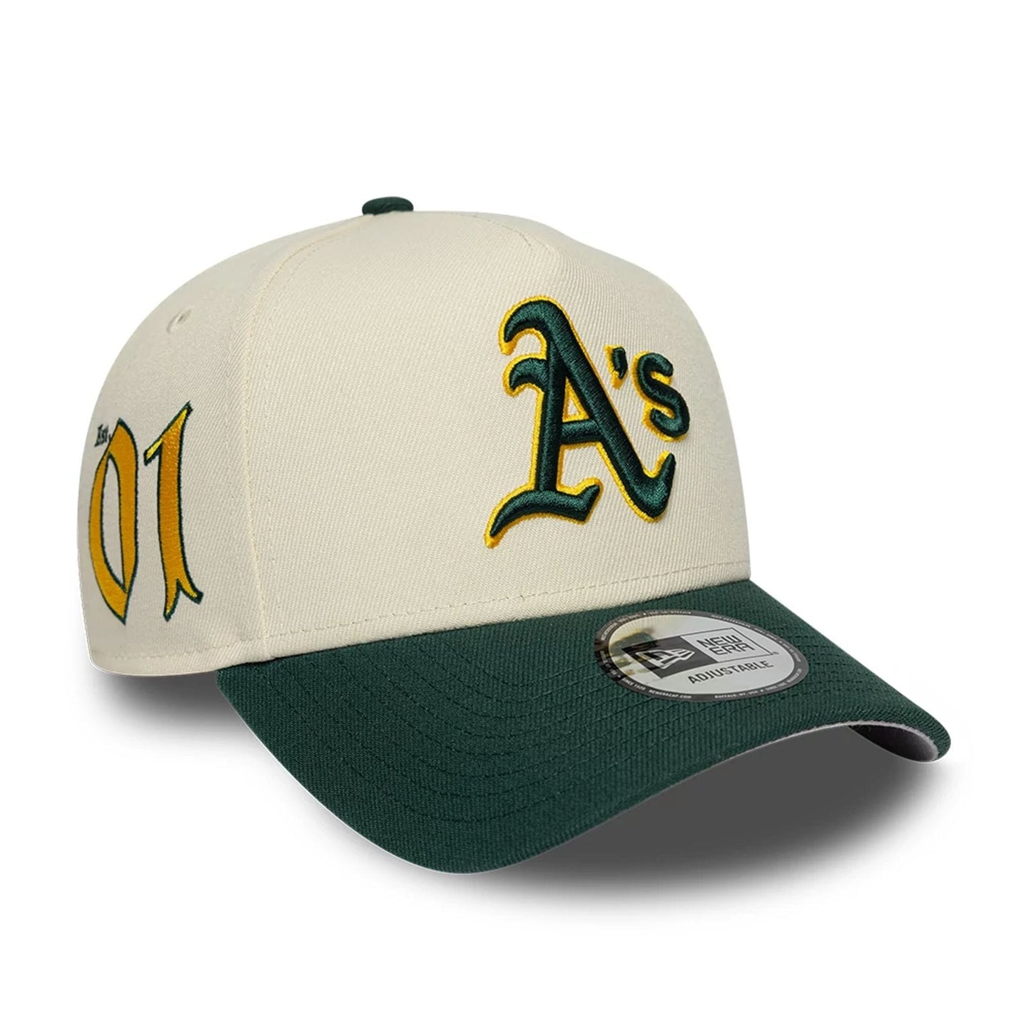 Pictured is this MLB Side Hit Athletics 9FORTY E-Frame cap in Cream. 1