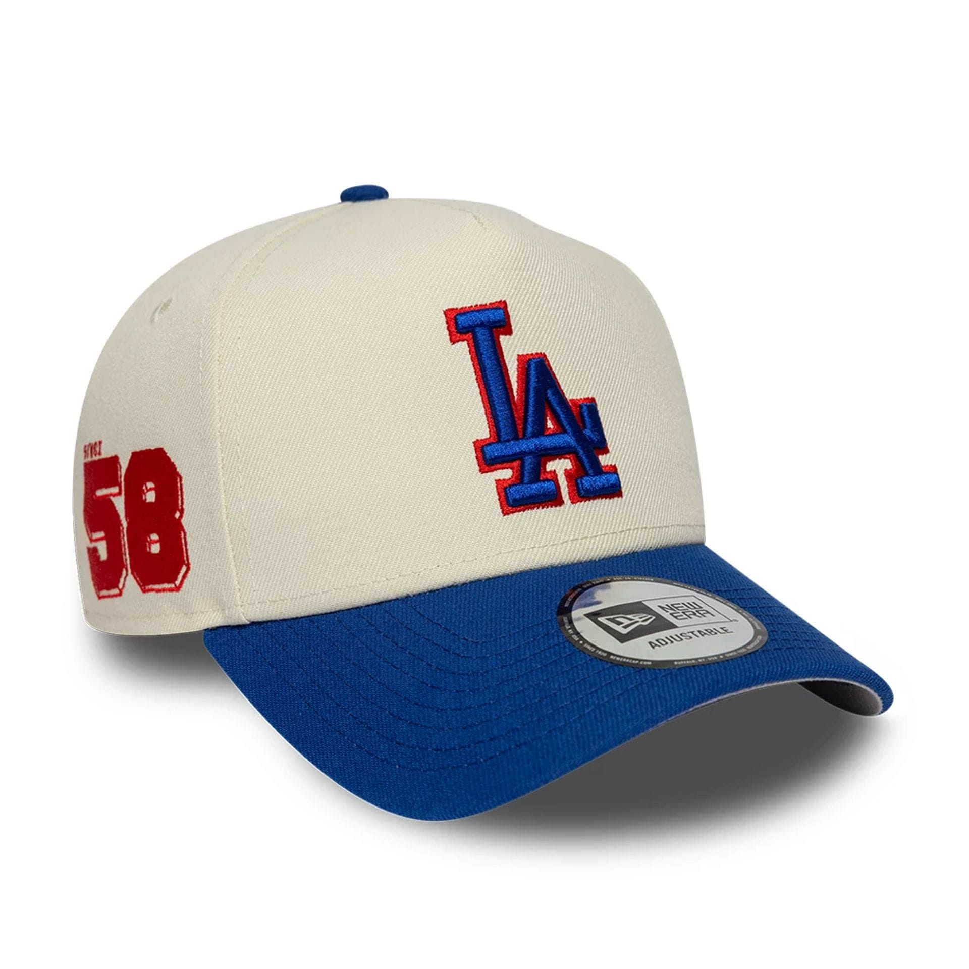 Pictured is this MLB Side Hit LA Dodgers 9FORTY E-Frame cap in Cream. 1