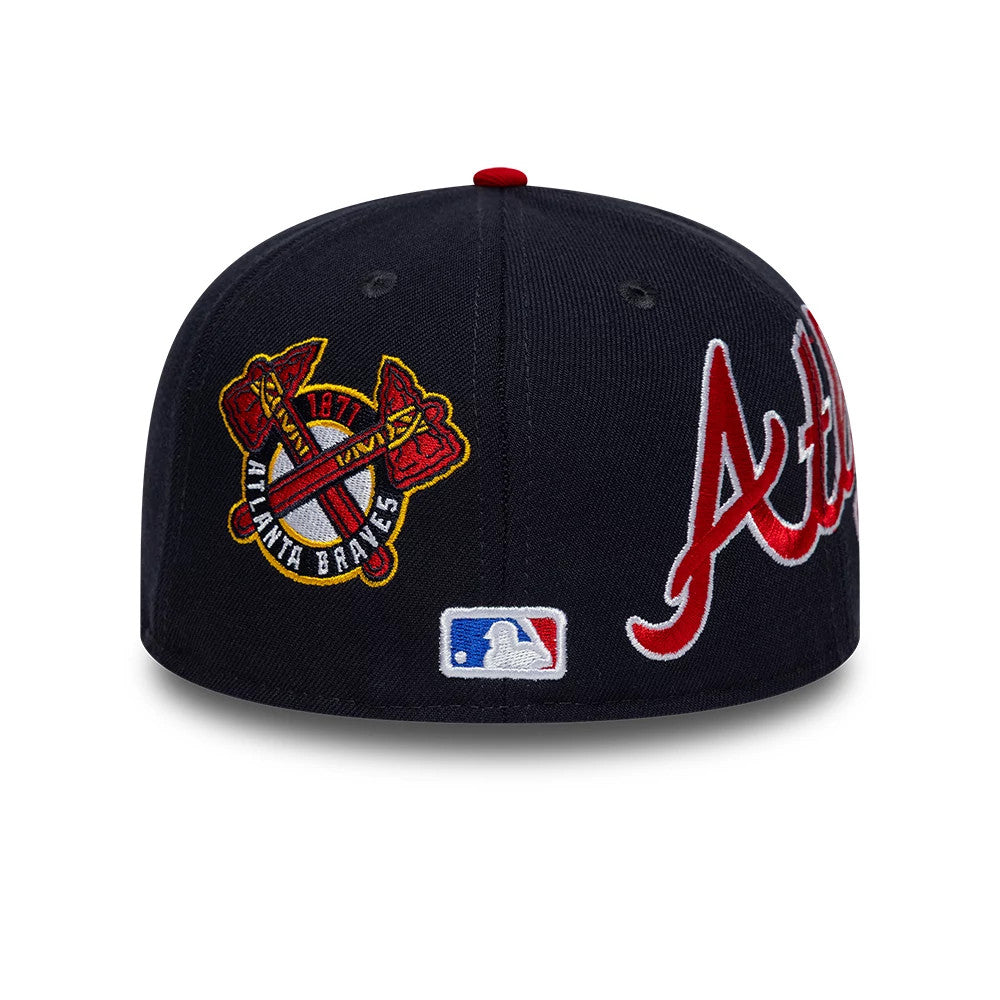 Pictured is this MLB Multi Logo Atlanta Braves 59FIFTY Fitted cap in navy. 5