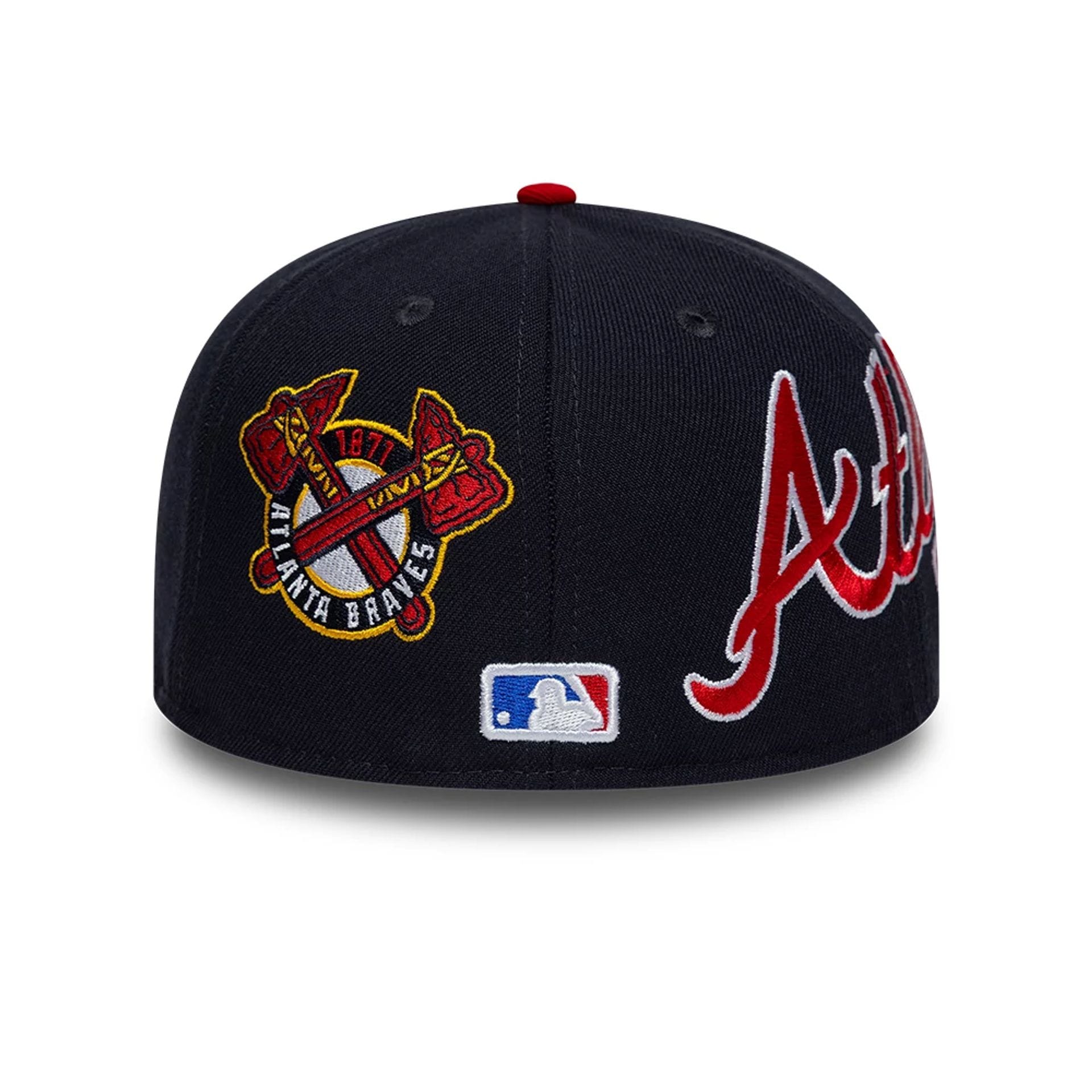 Pictured is this MLB Multi Logo Atlanta Braves 59FIFTY Fitted cap in navy. 5