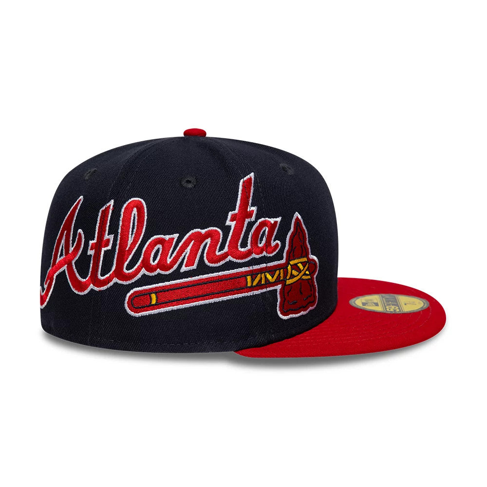 Pictured is this MLB Multi Logo Atlanta Braves 59FIFTY Fitted cap in navy. 6