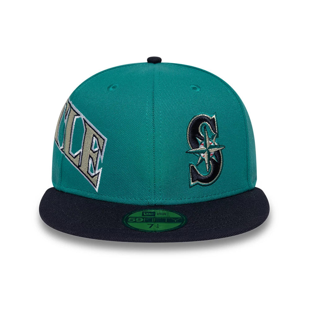 Pictured is this MLB Multi Logo Seattle Mariners 59FIFTY Fitted cap in green. 5