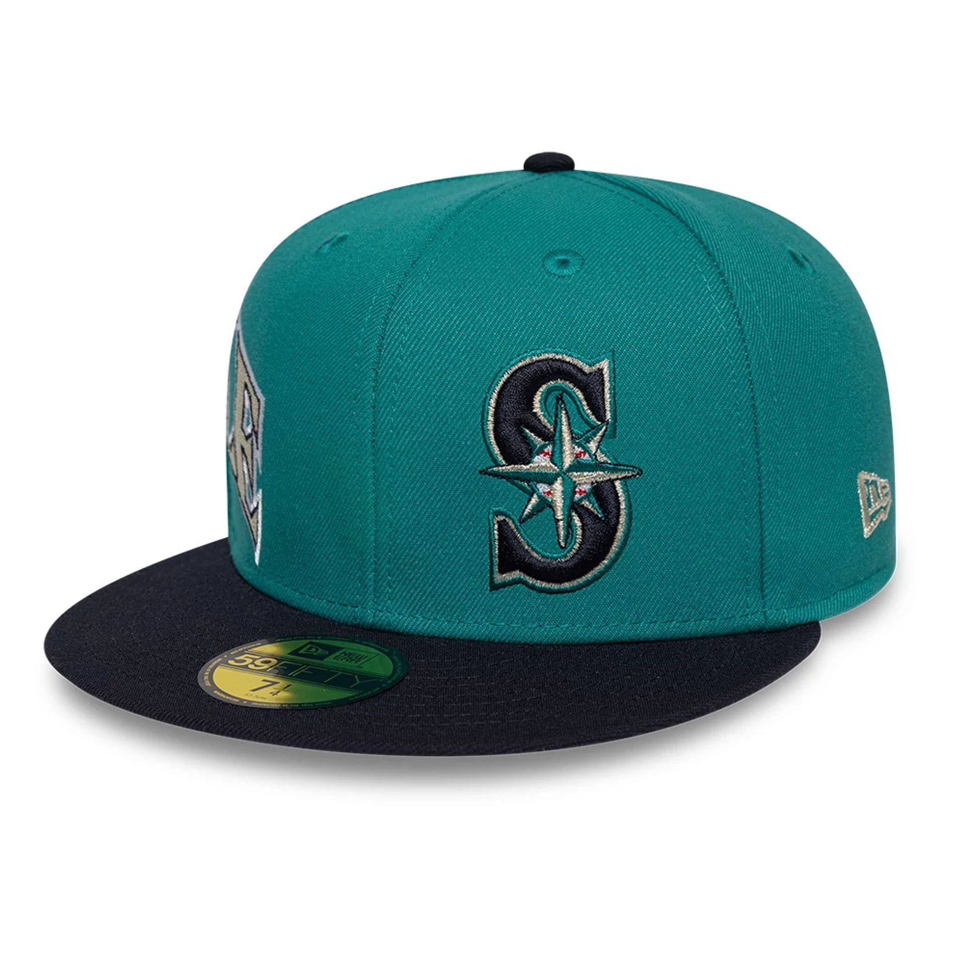 Pictured is this MLB Multi Logo Seattle Mariners 59FIFTY Fitted cap in green. 1