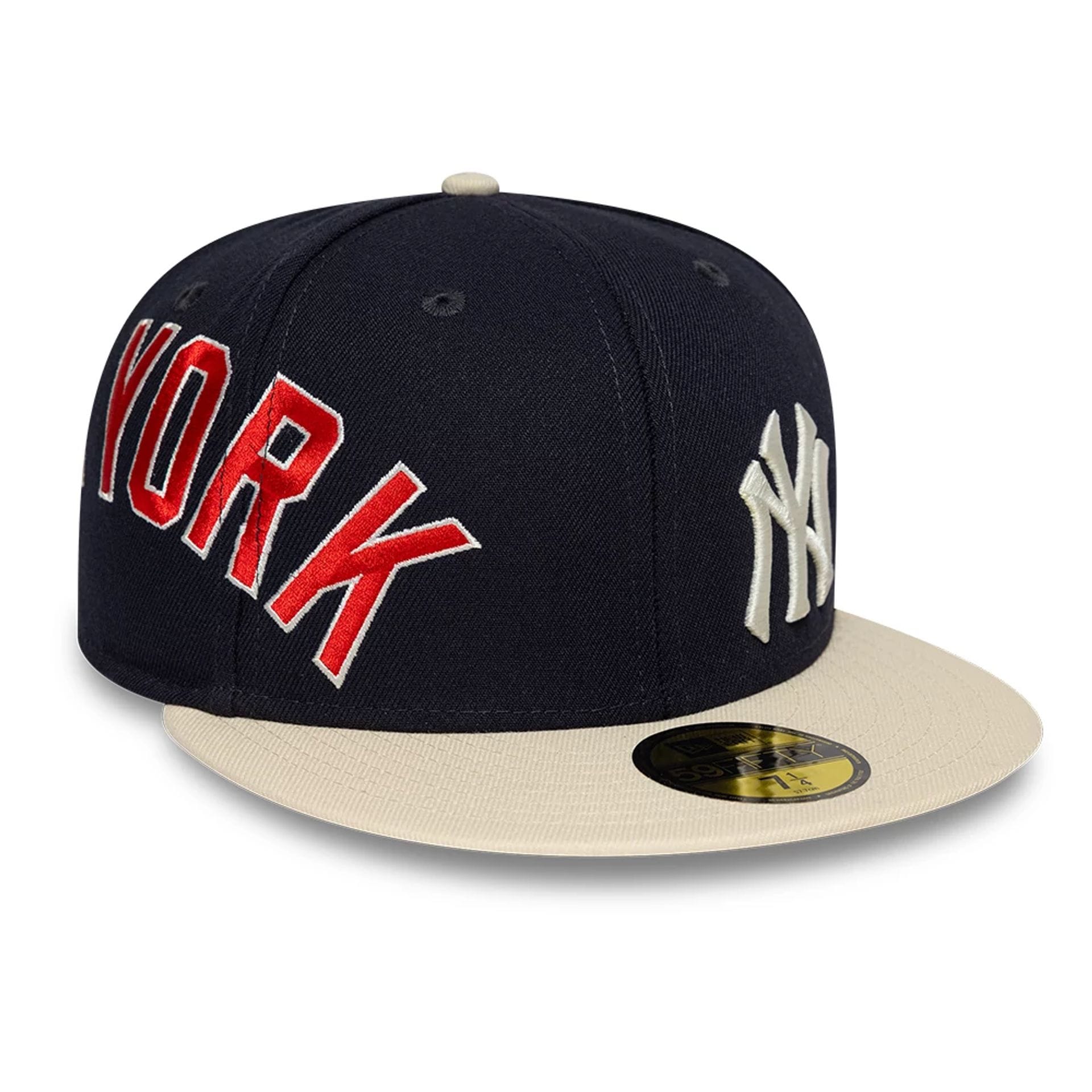 Pictured is this MLB Multi Logo New York Yankees 59FIFTY Fitted cap in navy. 5
