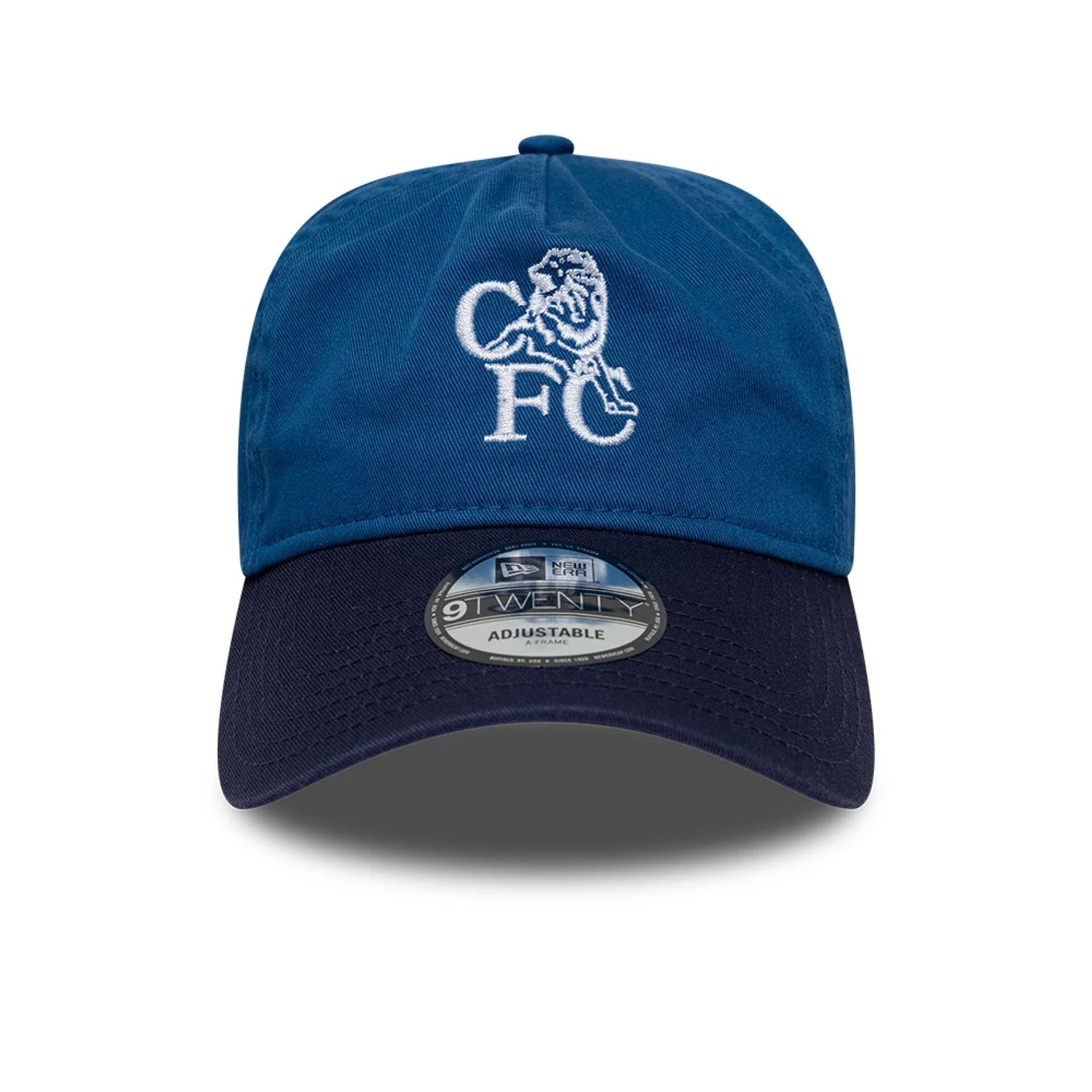 Pictured is this Retro Goal Keeper Chelsea FC Lion Crest 9TWENTY A-Frame cap in blue. 2
