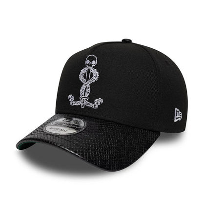 Harry Potter Slytherin Black New Era 9FORTY A-Frame Adjustable Cap, three-quarter view showing the white embroidered Dark Mark symbol on the front panel, black snakeskin-patterned visor with 9FORTY size sticker.