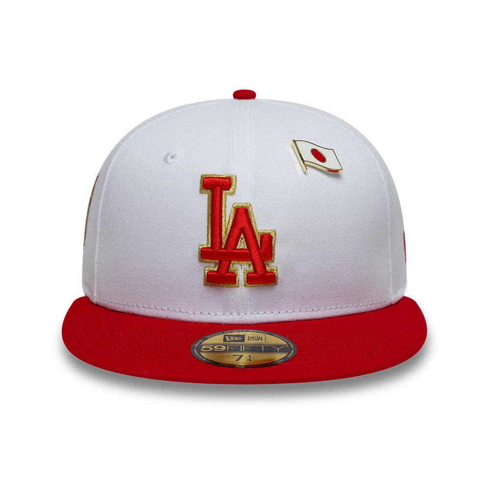 Pictured is this MLB Sister Cities LA Dodgers 59FIFTY Fitted cap in white & red. 3