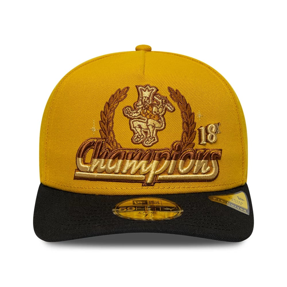 Pictured is this NBA Boston Celtics 59FIFTY A-Frame Fitted cap in gold. 3