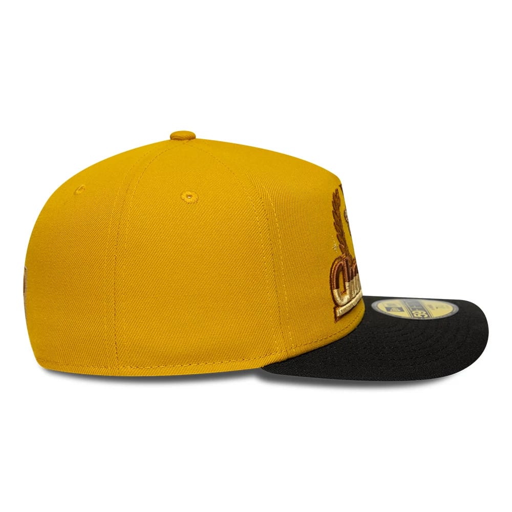 Pictured is this NBA Boston Celtics 59FIFTY A-Frame Fitted cap in gold. 7
