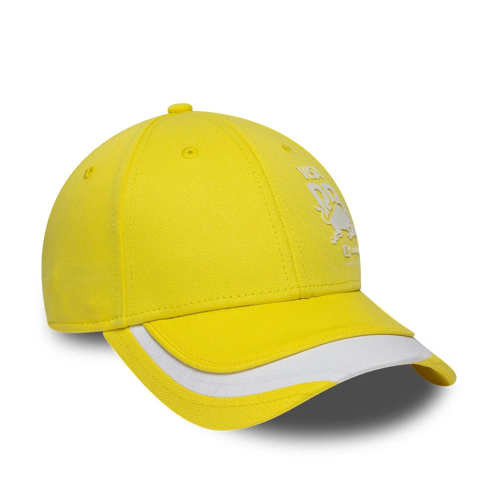 Pictured is this Citrus Miami & Madrid Race Special Visa Cash App Racing Bulls 9FORTY Adjustable cap in pastel yellow. 3