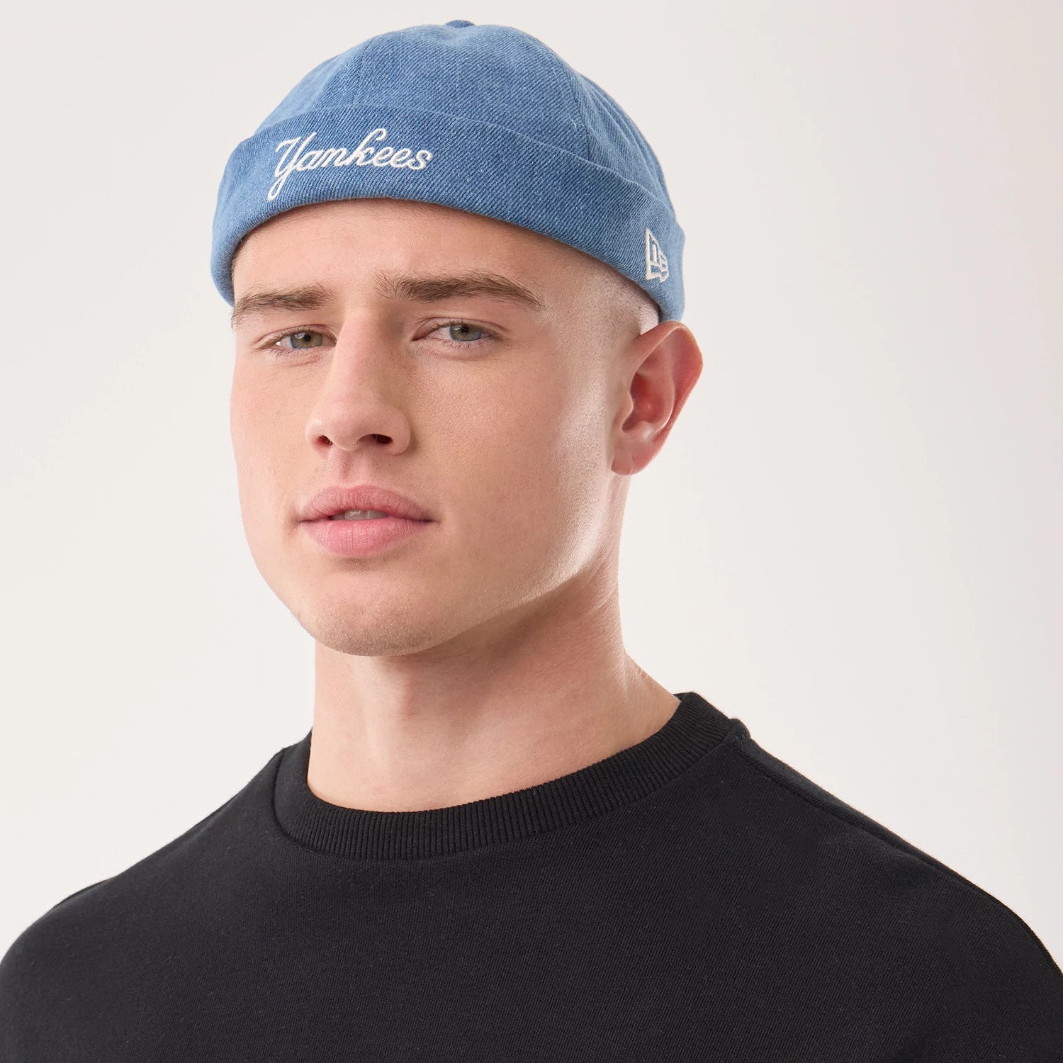 Pictured is this MLB Denim Skully New York Yankees Docker cap in pastel blue. 1