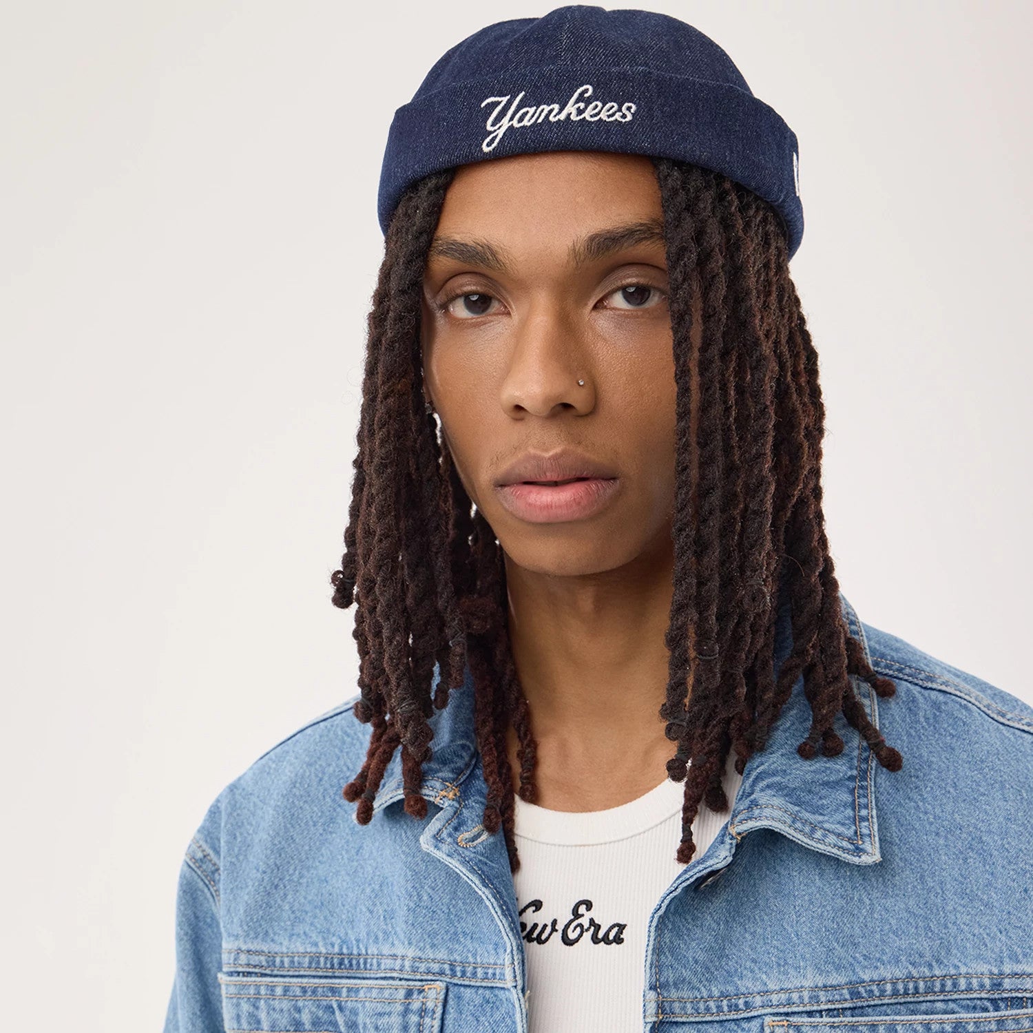 Pictured is this MLB Denim Skully New York Yankees Docker cap in navy. 3