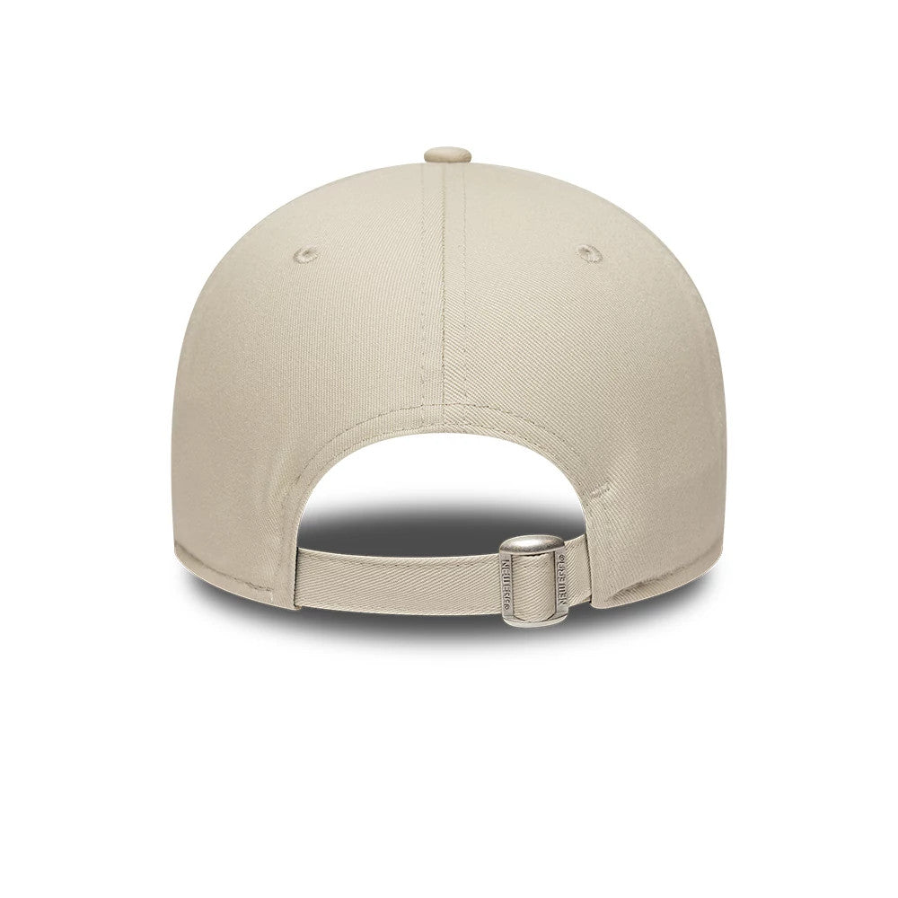 Colucci X New Era Light Beige 9FORTY Adjustable Cap, rear view showing the unstructured light beige crown with eyelets, an adjustable strap with buckle for custom fit, and a top button matching the crown colour.