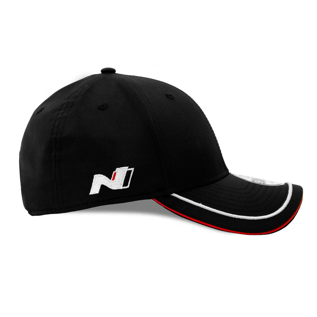 Hyundai Motorsport Black New Era 9FORTY Adjustable Cap, side view showing the embroidered N logo in white and red on the black crown, with a curved black visor featuring a white and red trim and displaying a 9FORTY size sticker.