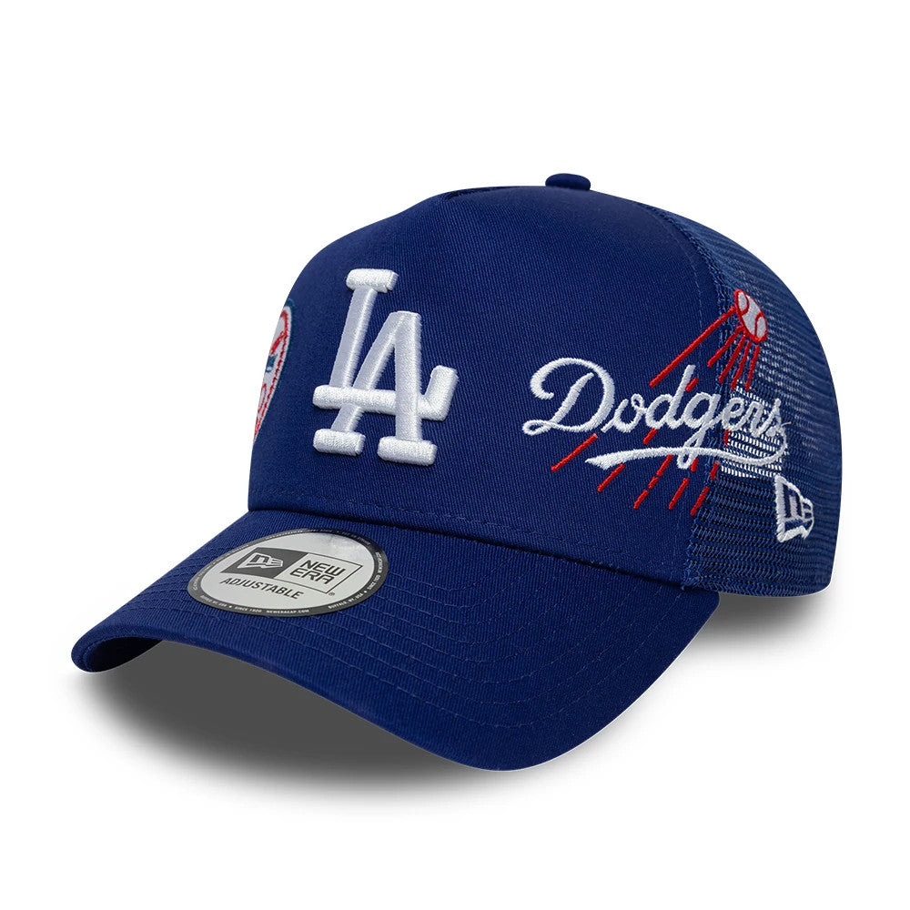 Pictured is this MLB Patch LA Dodgers 9FORTY A-Frame Trucker cap in dark blue. 3