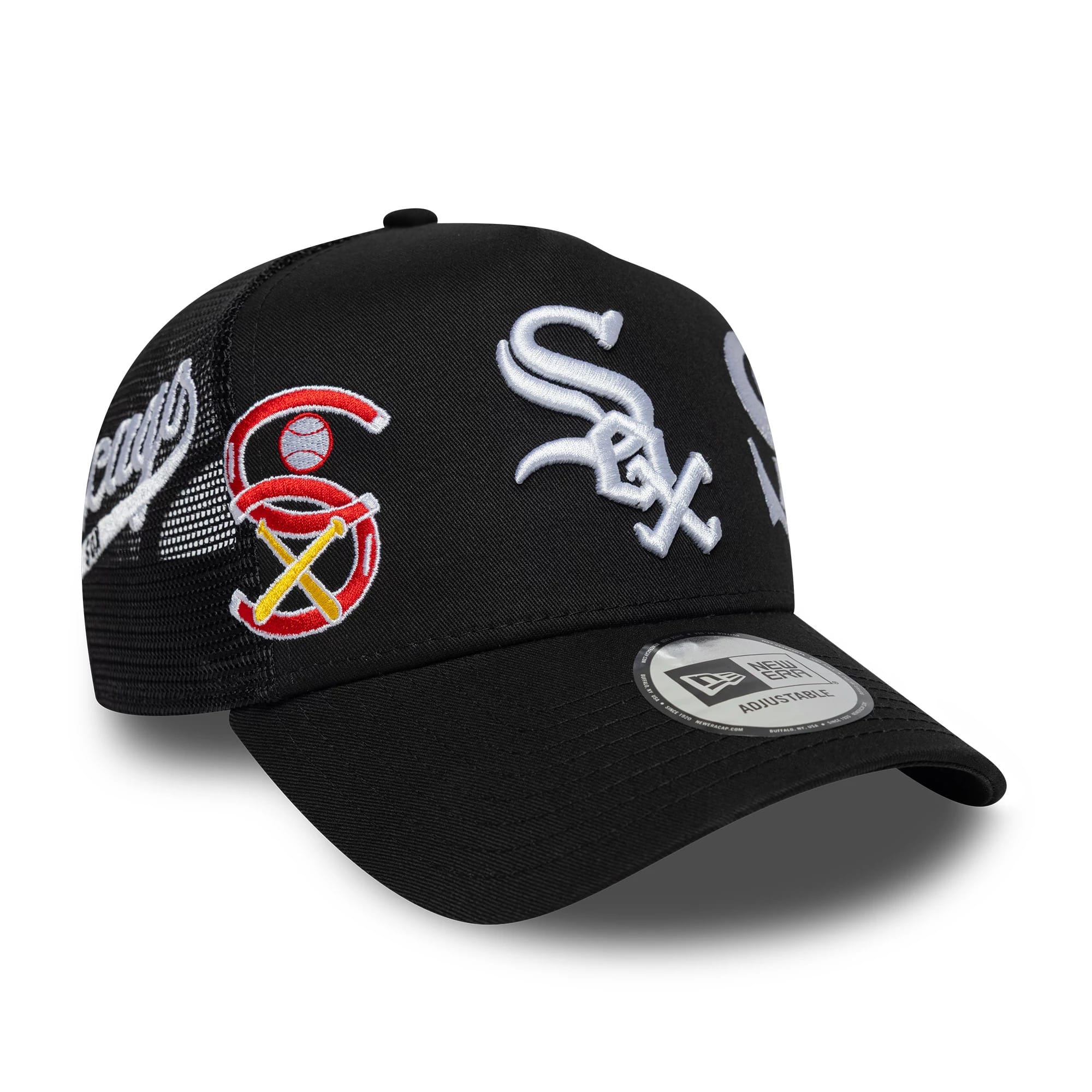 Pictured is this MLB Patch Chicago White Sox 9FORTY A-Frame Trucker cap in black. 1