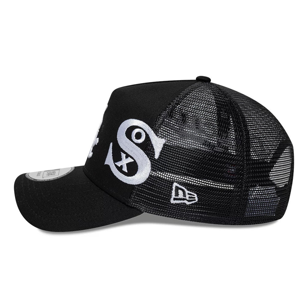 Pictured is this MLB Patch Chicago White Sox 9FORTY A-Frame Trucker cap in black. 5