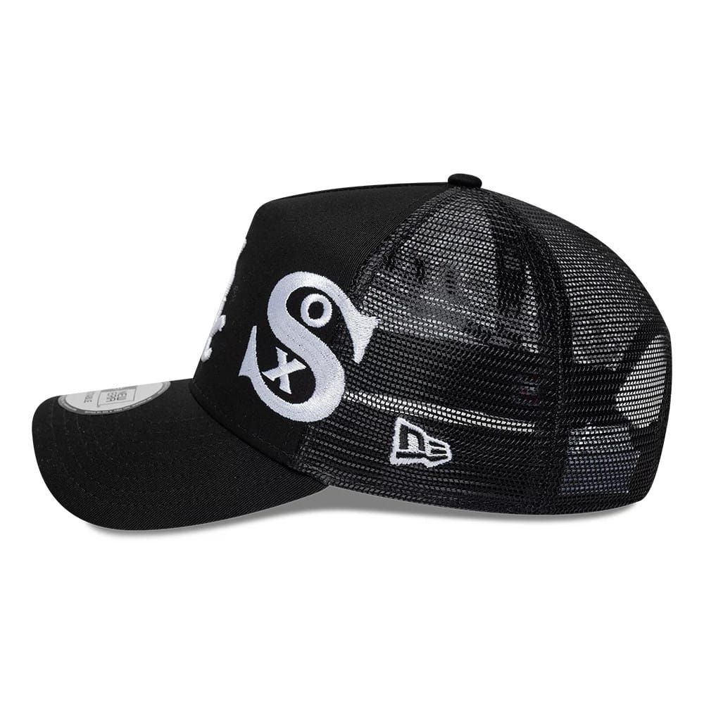 Pictured is this MLB Patch Chicago White Sox 9FORTY A-Frame Trucker cap in black. 5