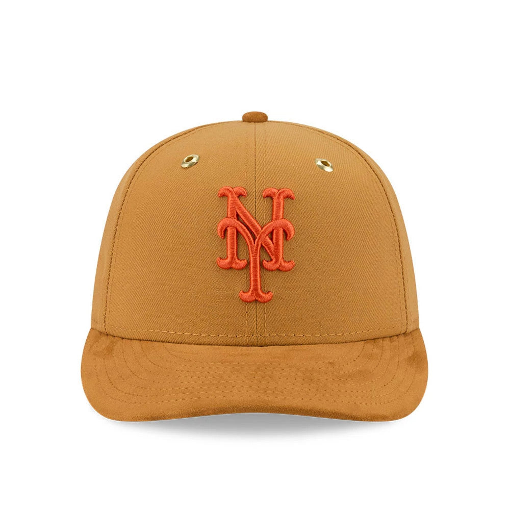 New York Mets Timberland X MLB Panama Tan New Era 59FIFTY Fitted Cap, front view showing an orange raised embroidered NY logo on the front panel, gold eyelets on the structured tan crown, and a curved visor.