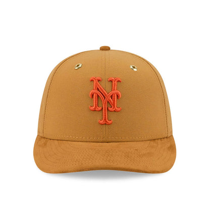 New York Mets Timberland X MLB Panama Tan New Era 59FIFTY Fitted Cap, front view showing an orange raised embroidered NY logo on the front panel, gold eyelets on the structured tan crown, and a curved visor.