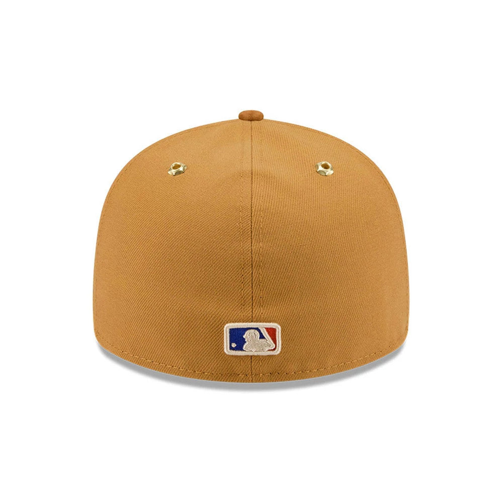 New York Mets Timberland X MLB Panama Tan New Era 59FIFTY Fitted Cap, rear view showing the white and blue embroidered MLB Batterman logo at the centre of the back panels, with a tan structured crown and tan eyelets.