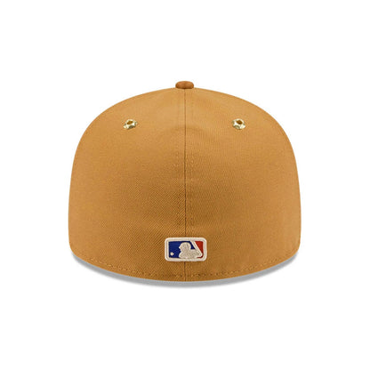 New York Mets Timberland X MLB Panama Tan New Era 59FIFTY Fitted Cap, rear view showing the white and blue embroidered MLB Batterman logo at the centre of the back panels, with a tan structured crown and tan eyelets.