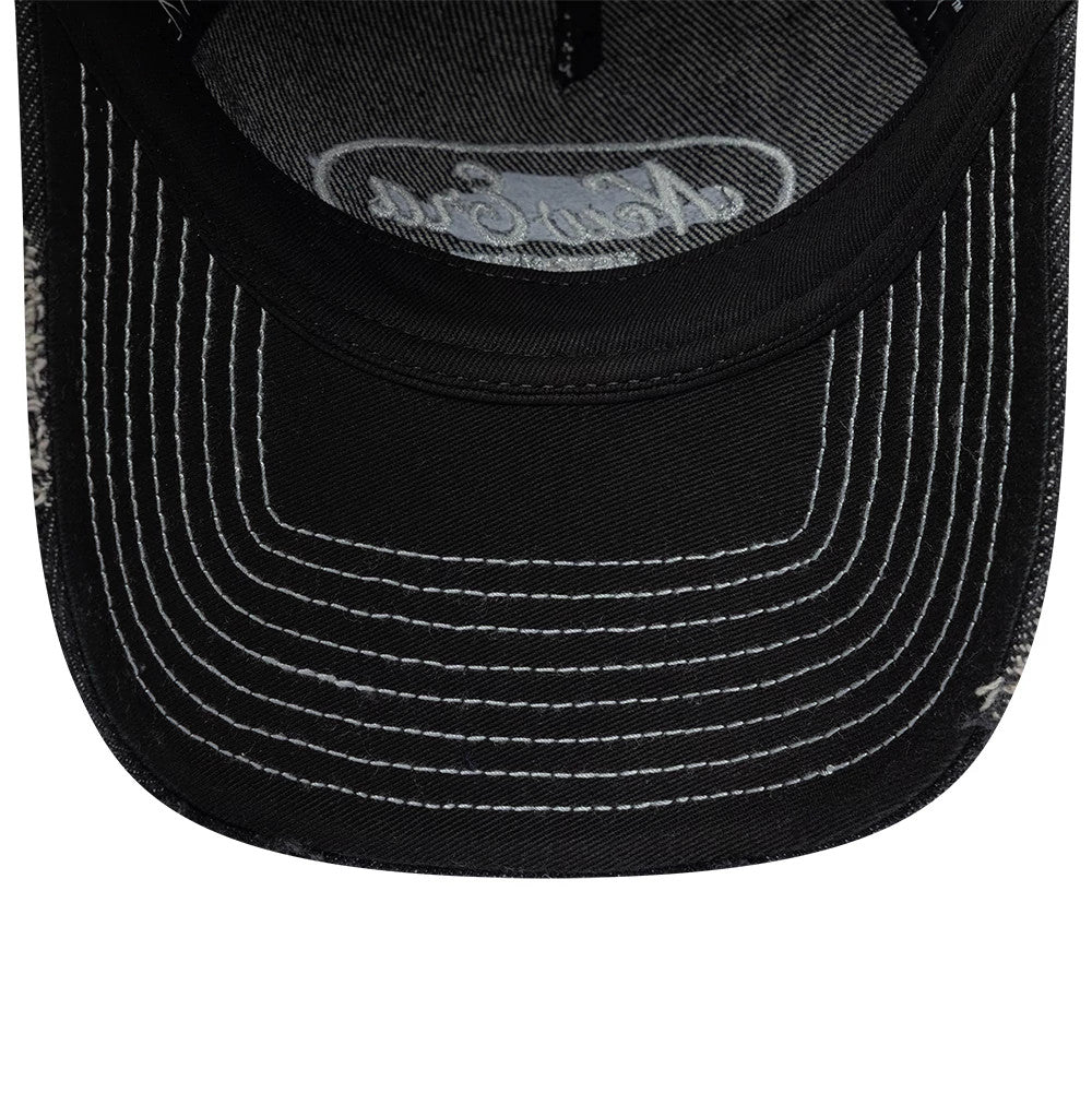Pictured is this Womens New Era Distress 9TWENTY A-Frame cap in black. 5