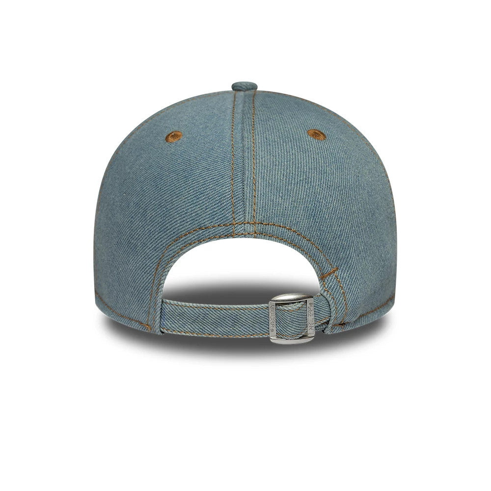 Womens New Era Distress Pastel Blue 9TWENTY A-Frame Adjustable Cap, rear view showing the distressed pastel blue fabric with a curved visor, brown embroidery eyelets, and an adjustable strap with a buckle at the back.