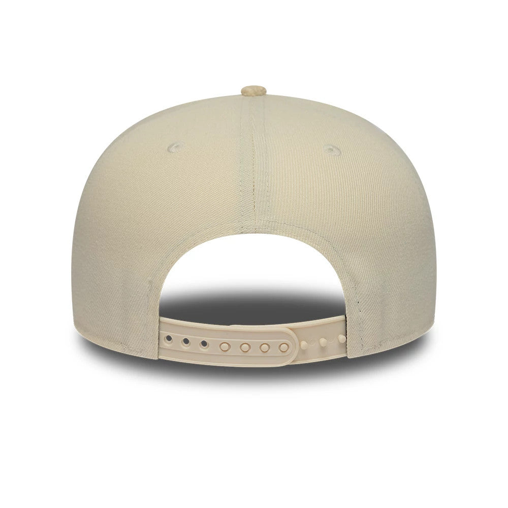 Yankees MLB Cord Visor Beige New Era 9FIFTY Original Fit Snapback Adjustable Cap, rear view showing a beige snapback closure, beige eyelets on the structured crown, and a top button, all in matching beige fabric.