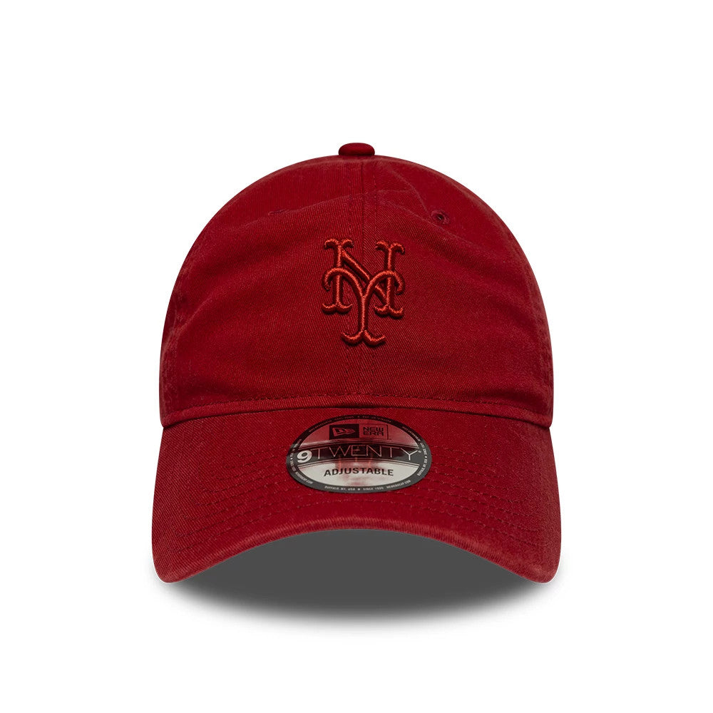 New York Mets MLB Washed Midi Logo Dark Red New Era 9TWENTY Adjustable Cap, front view showing the dark red raised embroidery NY Mets logo on the crown, a curved visor, and the 9TWENTY size sticker centred on the visor.