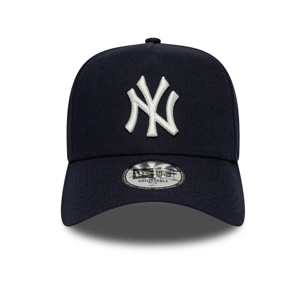 New York Yankees MLB Mythical Navy New Era 9FORTY E-Frame Adjustable Cap, front view showing the white raised embroidered NY logo on the structured navy crown, with a 9FORTY size sticker on the curved visor.