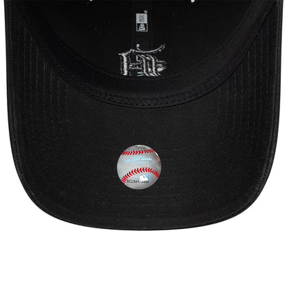 Detroit Tigers MLB Washed Midi Logo Black New Era 9TWENTY Adjustable Cap, inside view showing black sweatband and taping along the crown, large white script lettering on the undervisor, and a round baseball sticker with red stitching beneath.