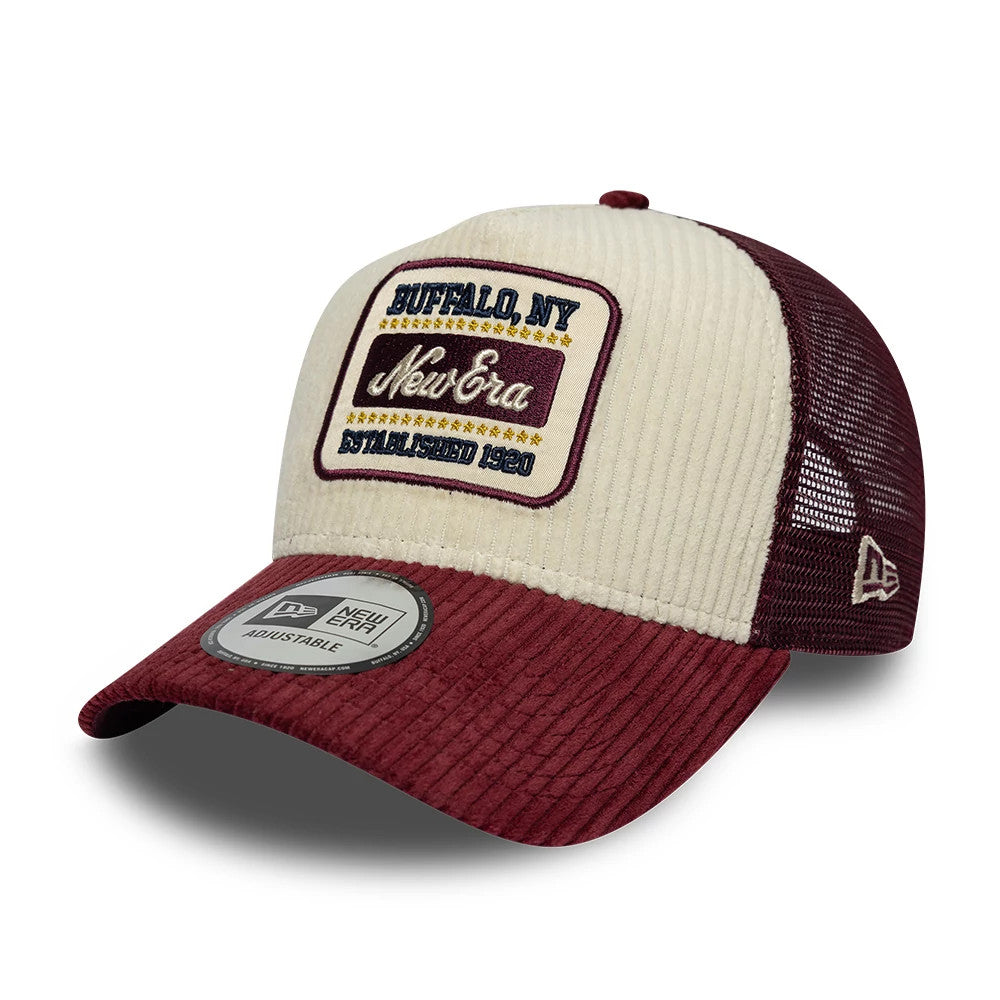 New Era Cord Visor Dark Purple 9FORTY E-Frame Trucker Adjustable Cap, three-quarter view showing the embroidered patch on the front panel featuring 'Buffalo, NY' and 'Established 1920', with a dark purple corduroy visor.