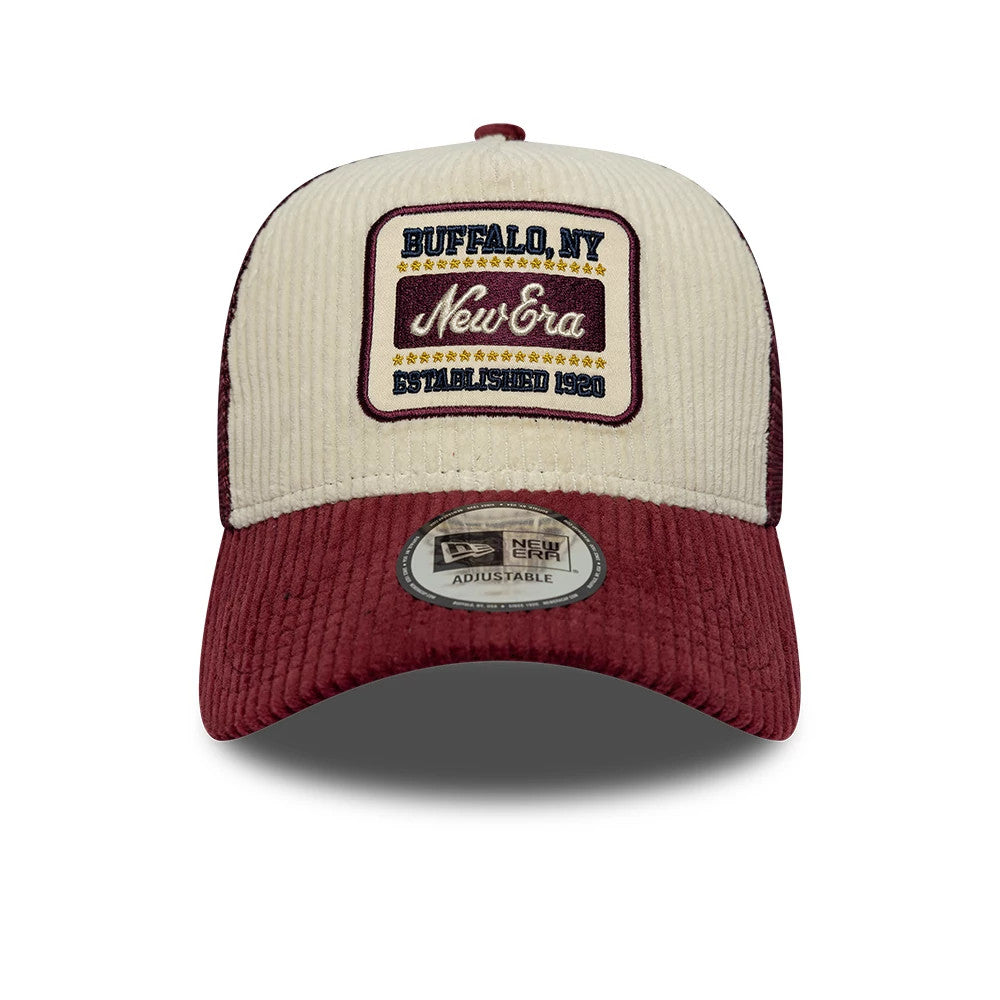 New Era Cord Visor Dark Purple 9FORTY E-Frame Trucker Adjustable Cap, front view showing a large patch with Buffalo, NY New Era Established 1920 embroidery, a textured dark purple corduroy visor, and a 9FORTY size sticker on the visor.