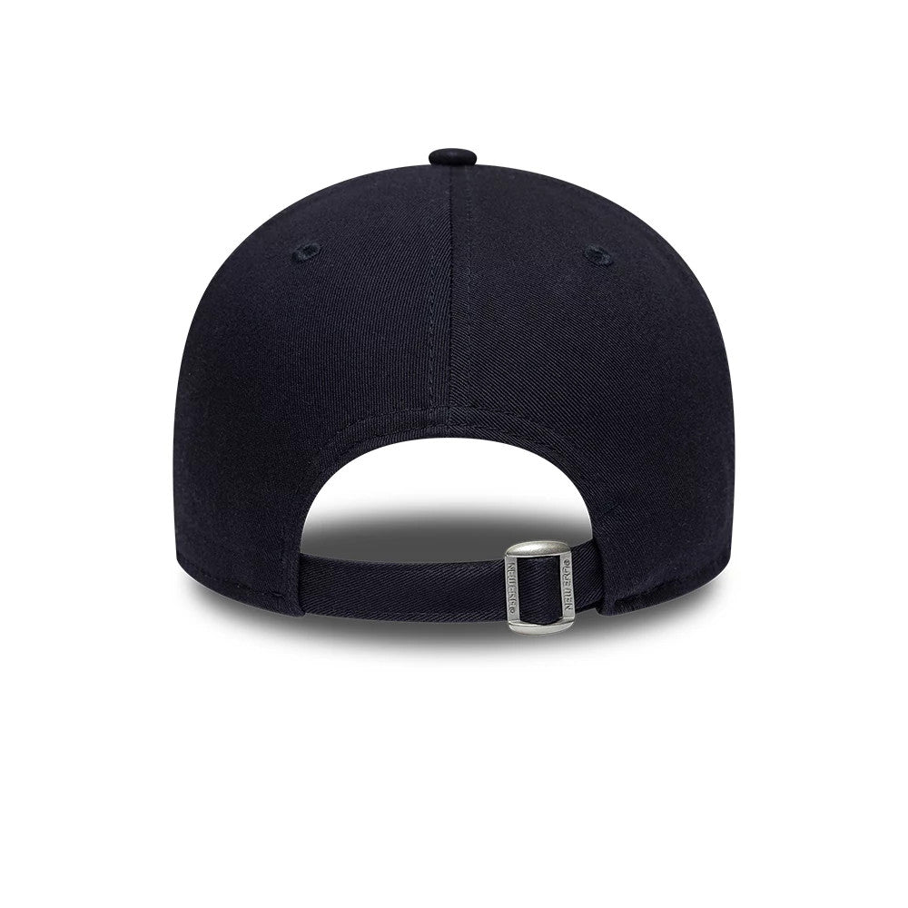 Detroit Tigers MLB Team Outline Navy New Era 9FORTY Adjustable Cap, rear view showing the curved navy panels with embroidered eyelets, a matching fabric strap with a buckle, and a rounded top button, completing the classic adjustable look.