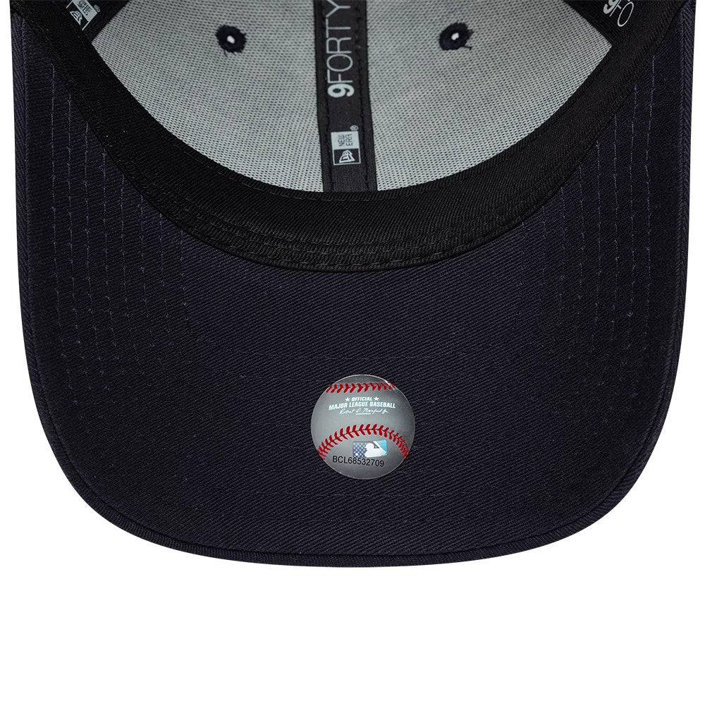 Detroit Tigers MLB Team Outline Navy New Era 9FORTY Adjustable Cap, inside view showing the grey taping along the centre, black sweatband surrounding the interior, and a round MLB Authentic Collection sticker on the undervisor.