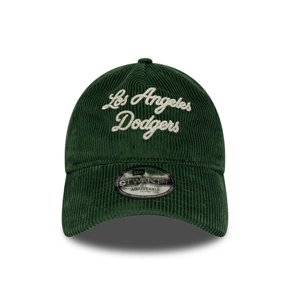Pictured is this MLB Cord Script LA Dodgers 9TWENTY A-Frame cap in dark green. 2