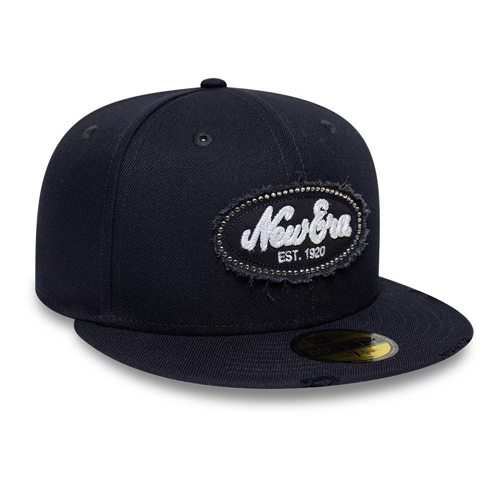 Pictured is this New Era Gem Patch Distress 59FIFTY Fitted cap in navy. 3