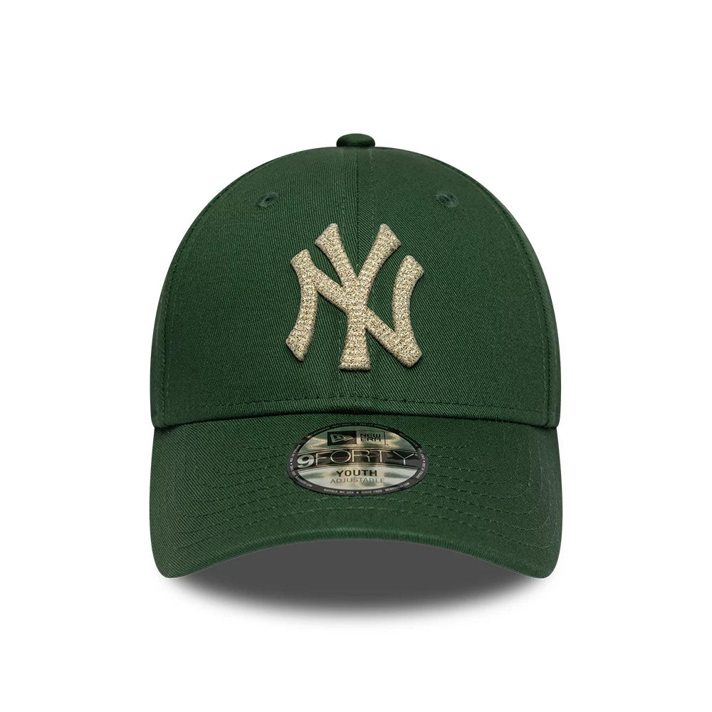 Pictured is this Youth MLB Metallic New York Yankees 9FORTY cap in dark green. 2
