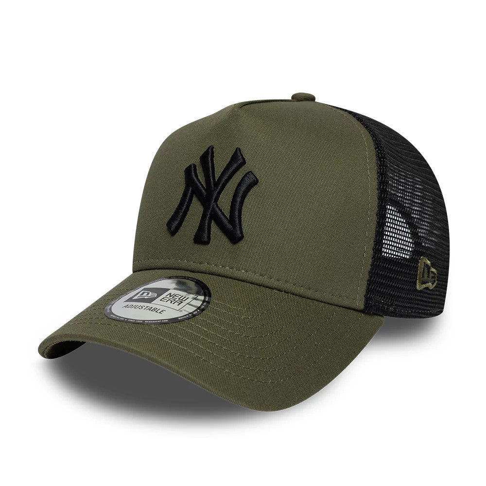 Pictured is this MLB League Essential New York Yankees 9FORTY A-Frame Trucker cap in green. 1