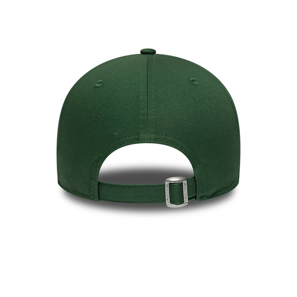 LA Dodgers MLB Team Outline Dark Green New Era 9FORTY Adjustable Cap, rear view showing a curved dark green visor and a fabric strap with a clasp for size adjustment, featuring a streamlined structured crown without additional embroidery.