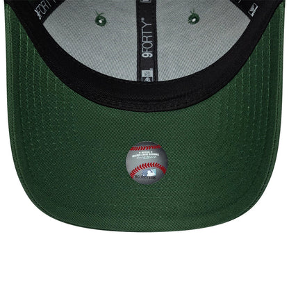 LA Dodgers MLB Team Outline Dark Green New Era 9FORTY Adjustable Cap, inside view showing the grey sweatband and taping with black 9FORTY branding, green undervisor, and an MLB authentication hologram sticker.