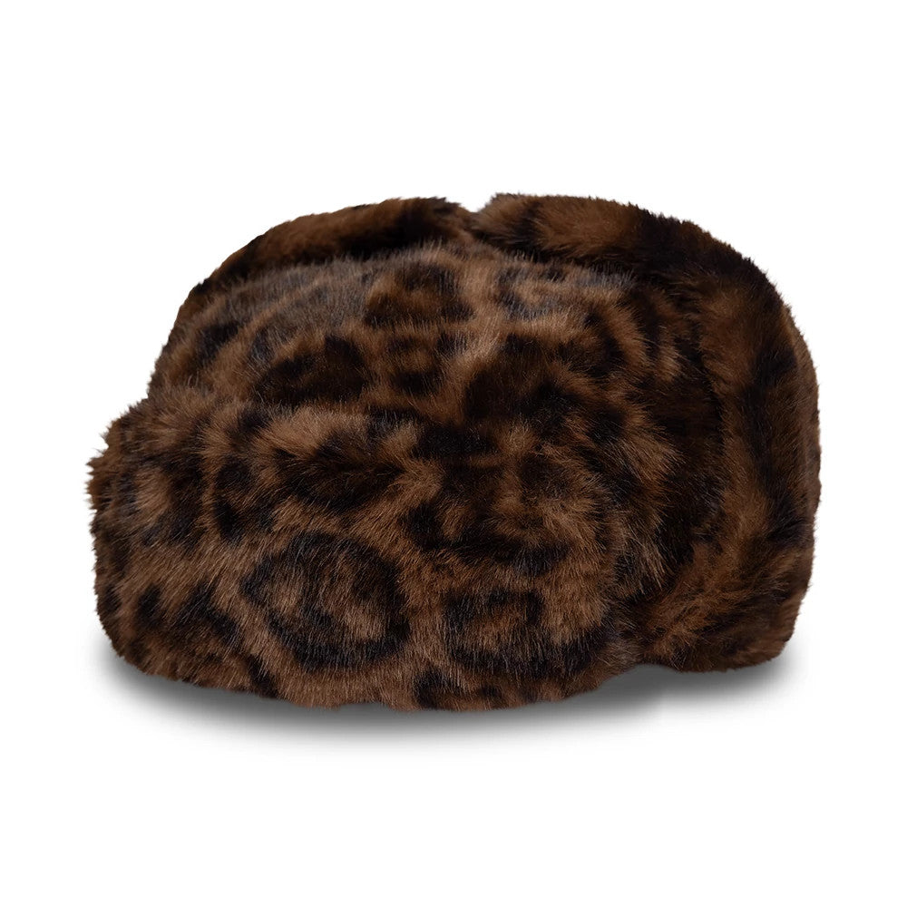 New Era Leo Faux Fur Dark Brown Trapper Hat, side view showing the plush dark brown faux fur with a leopard print pattern across the crown, highlighting the luxurious texture and soft construction of the trapper hat.
