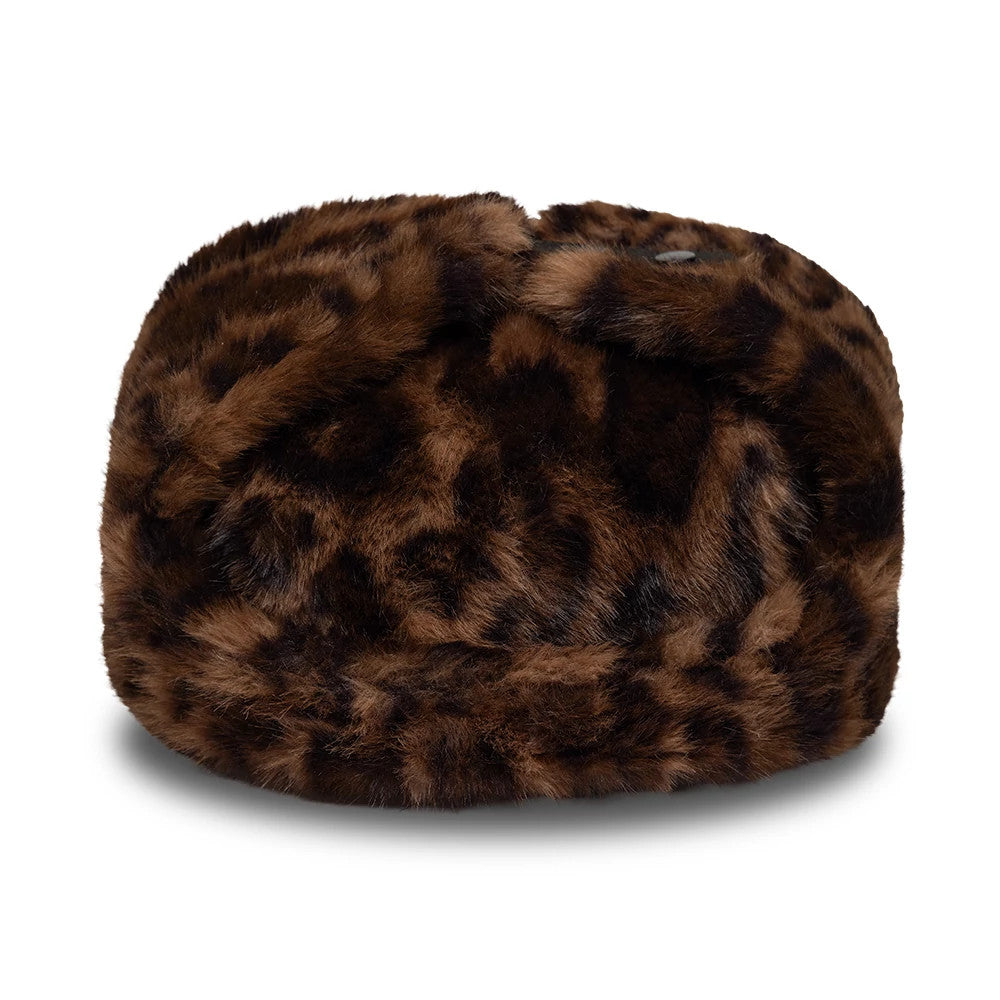 New Era Leo Faux Fur Dark Brown Trapper Hat, rear view showing the rich leopard print pattern creating a plush, textured appearance, the rounded shape of the crown, and the absence of ear flaps or chin straps, highlighting the hat's versatile style.