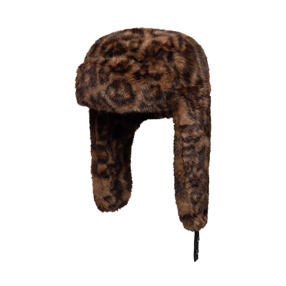 New Era Leo Faux Fur Dark Brown Trapper Hat, front view showing the plush leopard print design with ear flaps hanging down on either side, crafted in faux fur with a soft texture and a chin strap with snap closure for added warmth.