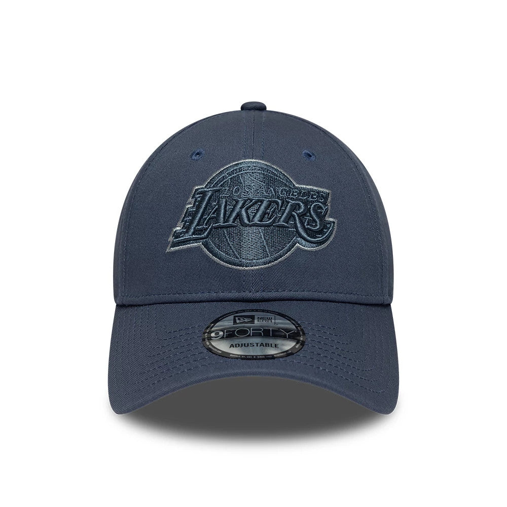LA Lakers NBA Team Outline Dark Blue New Era 9FORTY Adjustable Cap, front view showing the raised embroidered LA Lakers logo in dark blue on the front panel, complete with matching dark blue visor and 9FORTY size sticker.