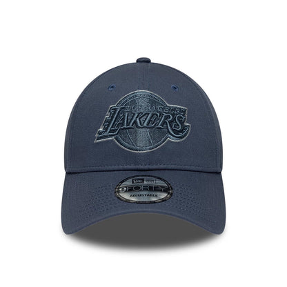 LA Lakers NBA Team Outline Dark Blue New Era 9FORTY Adjustable Cap, front view showing the raised embroidered LA Lakers logo in dark blue on the front panel, complete with matching dark blue visor and 9FORTY size sticker.